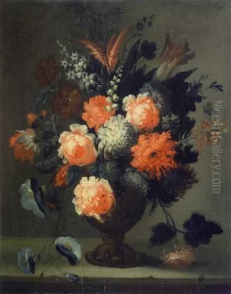 Fleurs Dans Un Vase Pose Sur Un Entablement Oil Painting by Nicolas Ricoeur