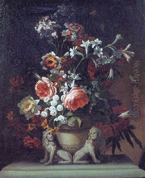 Bouquet De Fleurs Dans Un Vase Aux Lions Oil Painting by Nicolas Ricoeur