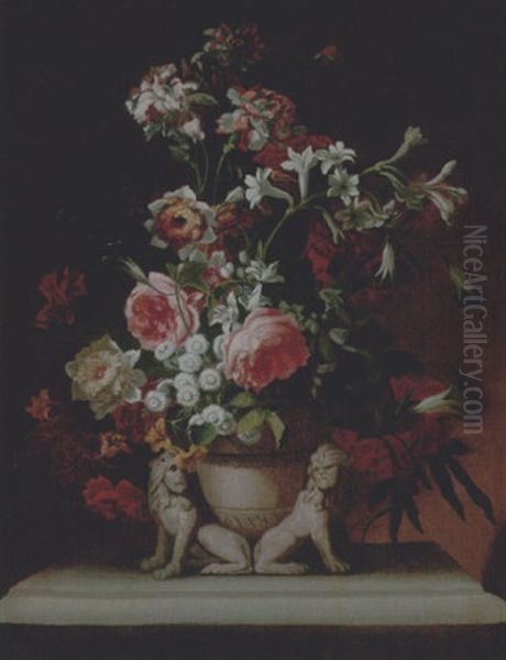 Still Life Of Roses, Carnations And Other Flowers In A Stone Vase, Together With A Pair Of Sculpted Lions, Upon A Stone Ledge Oil Painting by Nicolas Ricoeur