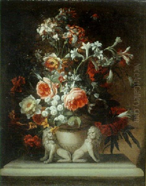 Composition Florale Dans Un Vase A Decor De Lions, Pose Sur Un Entablement Oil Painting by Nicolas Ricoeur