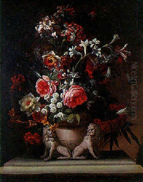 Composition Florale Dans Un Vase A Decor De Lions Presentee Sur Un Entablement Oil Painting by Nicolas Ricoeur