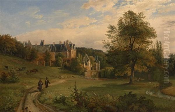 Vue D'un Chateau Dans Une Campagne Francaise Oil Painting by Francois Edme Ricois