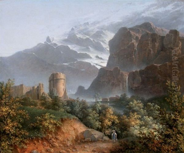 Chateau Devant Un Paysage De Montagne Anime Par Un Personnage Oil Painting by Francois Edme Ricois