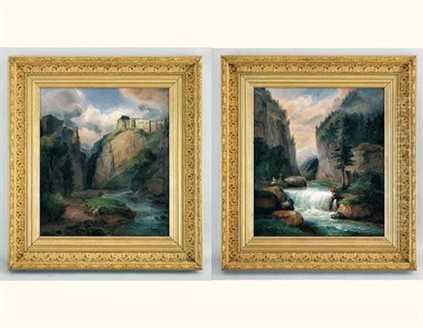 Paysage De Montagne (+ Torrent; Pair) Oil Painting by Francois Edme Ricois