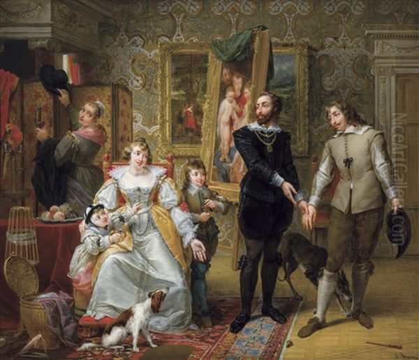 Anthony Van Dyck Visiting Peter Paul Rubens And Family Oil Painting by Louis Ricquier