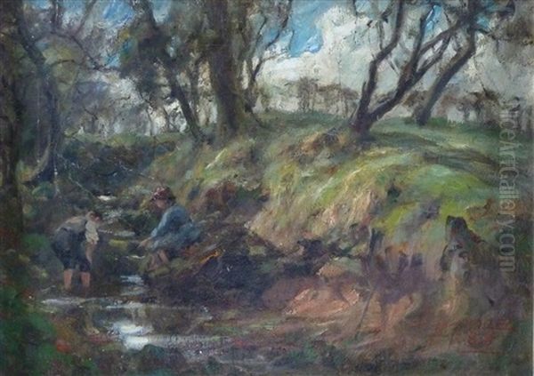 Children Fishing In A Stream Oil Painting by James Riddel