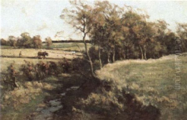 River Scene With Ploughman Oil Painting by James Riddel