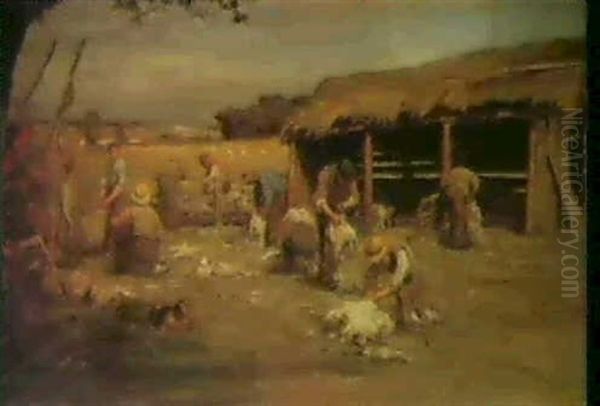 At The Shearing-shed Oil Painting by James Riddel