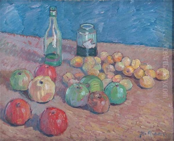 Still Life Of Apples And Plums With A Bottle And Jar Oil Painting by John Riddle