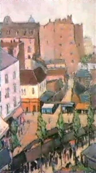 Town With Market & Corner Of The Road Oil Painting by John Riddle