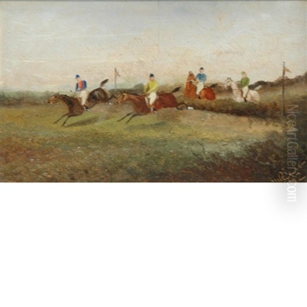 A Lady And Gentleman Driving A Dogcart And Horsemen Taking A Jump (2 Works) Oil Painting by Philip H. Rideout