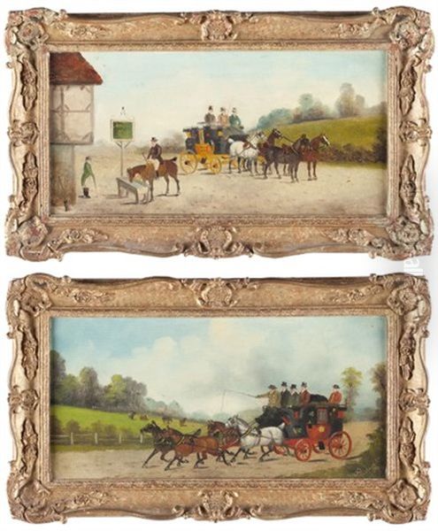 Untitled (coach And Four With Passengers Passing An Open Field) (+ Another; Pair) Oil Painting by Philip H. Rideout