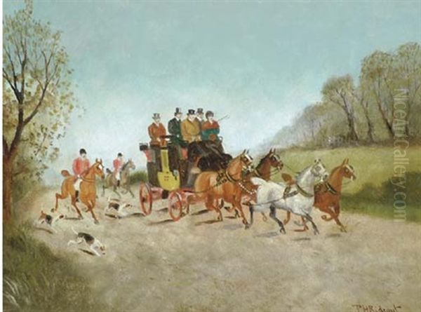 Huntsmen Passing A Coach On A Road (+ A Companion Painting; Pair) Oil Painting by Philip H. Rideout