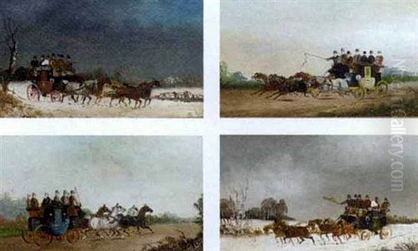 A Set Of Four Winter And Summer Coaching Scenes (+ A Set Of Four Racing And Coaching Scenes; 8 Works) Oil Painting by Philip H. Rideout