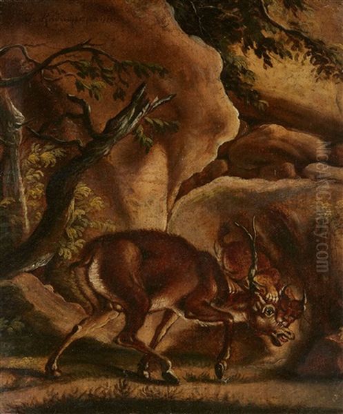 A Lynx Attacking A Stag Oil Painting by Johann Elias Ridinger