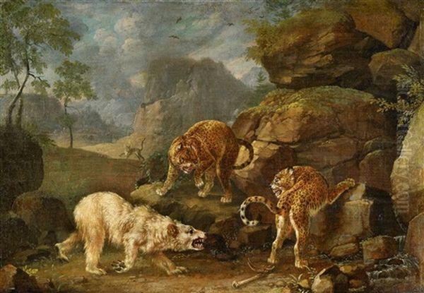 Two Leopards Attacking A Polar Bear Oil Painting by Johann Elias Ridinger