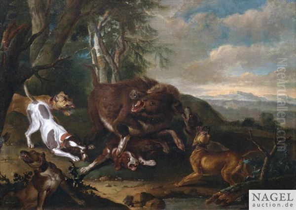 Jagdhunde Attackieren Ein Wildschwein Oil Painting by Johann Elias Ridinger