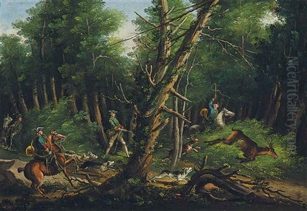 A Hunt Oil Painting by Johann Elias Ridinger