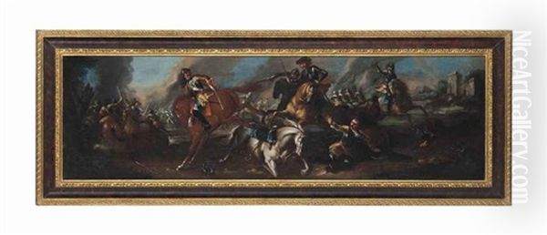 A Cavalry Skirmish Oil Painting by Johann Elias Ridinger