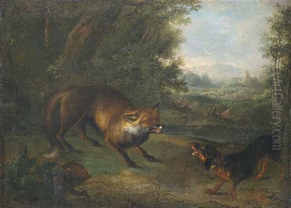 Ein Dackel Und Ein Fuchs Begegnen Sich Am Wald Oil Painting by Johann Elias Ridinger