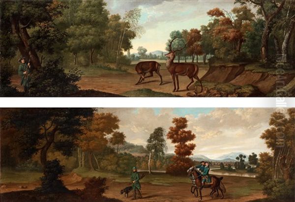 Landskap Med Jagare (pair) Oil Painting by Johann Elias Ridinger