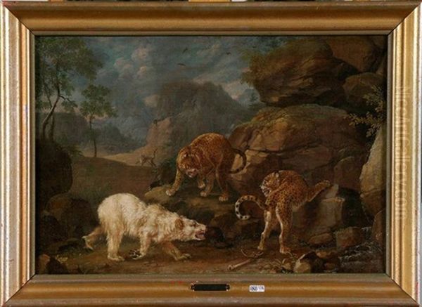 Ours Blanc Attaque Par Deux Guepards Oil Painting by Johann Elias Ridinger