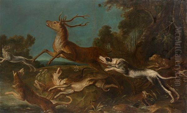 Hunde Hetzen Hirsche (pair) Oil Painting by Johann Elias Ridinger