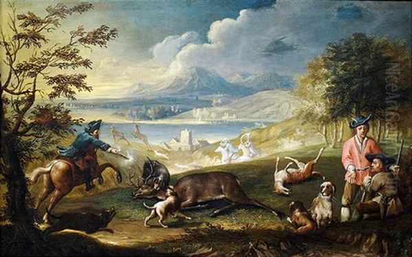 Hirschjagd In Weiter Landschaft Oil Painting by Johann Elias Ridinger