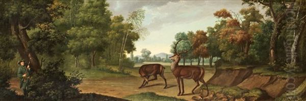 Landskap Med Jagare (+ Another; Pair) Oil Painting by Johann Elias Ridinger