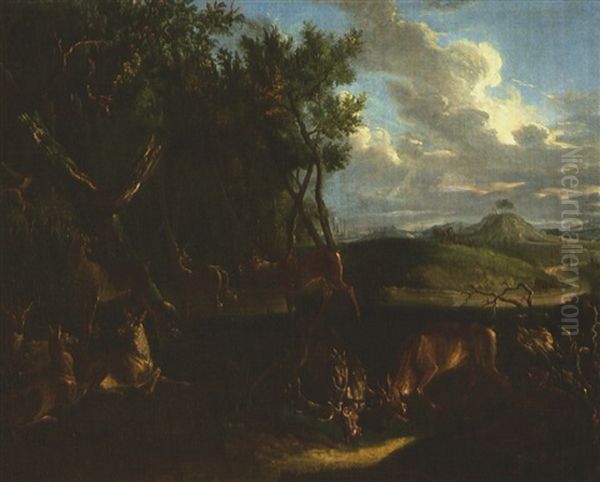 Hirsche Im Zweikampf Oil Painting by Johann Elias Ridinger