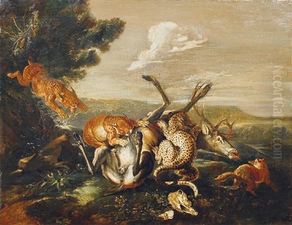 Zwei Luchse Und Ein Leopard Reisen Einen Hirsch Oil Painting by Johann Elias Ridinger