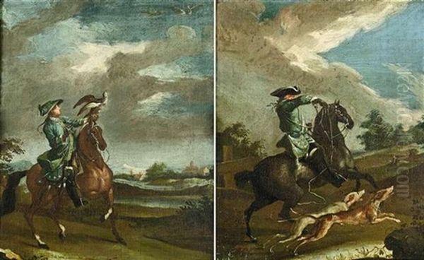 Berittener Jager Mit Einem Falken Vor Landschaft (+ Reiter Mit Zwei Hunden Bei Der Jagd; Pair) Oil Painting by Johann Elias Ridinger