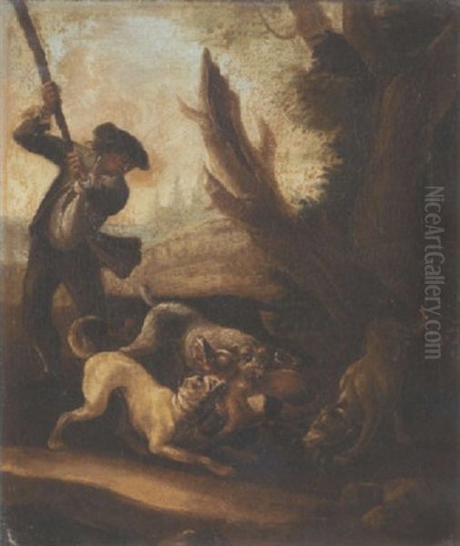 Jagdhunde Verbeisen Sich In Einen Fuchs, Links Daneben Mann Mit Knupel by Johann Elias Ridinger