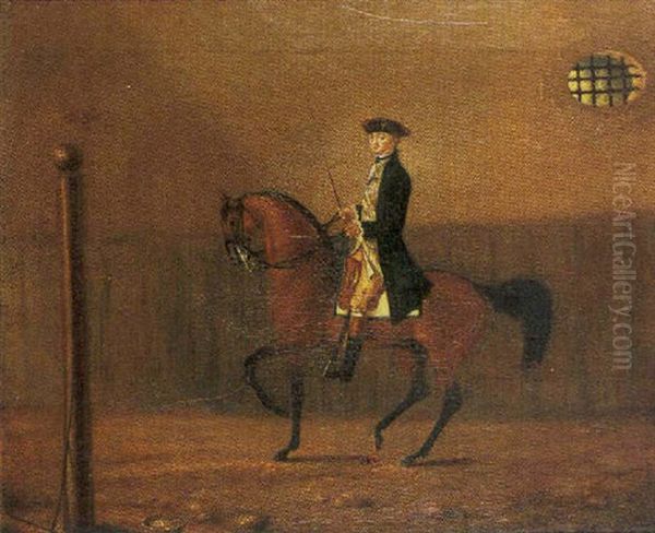 An Elegant Gentleman Riding A Horse In A Stable Oil Painting by Johann Elias Ridinger