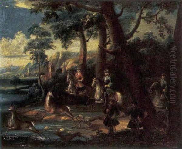 An Elegant Hunting Party Pursuing Deer Across A River Landscape, A Town And Mountains Beyond Oil Painting by Johann Elias Ridinger