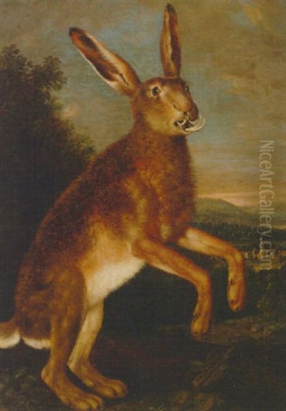 A Prancing Hare, With A Town Beyond Oil Painting by Johann Elias Ridinger