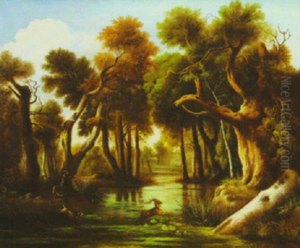 Landscape With Stag Hunt Oil Painting by Johann Elias Ridinger