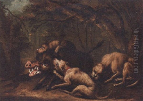 Hounds Attacking A Boar Oil Painting by Johann Elias Ridinger