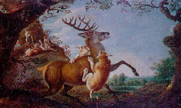 Cerf Attaque Par Les Lynx Oil Painting by Johann Elias Ridinger