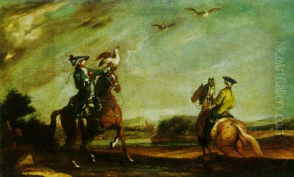 Landscape With A Hawking Party Oil Painting by Johann Elias Ridinger