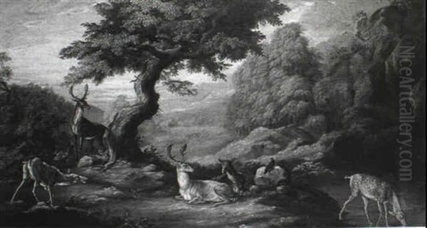 Deer In A Wooded Landscape Oil Painting by Johann Elias Ridinger