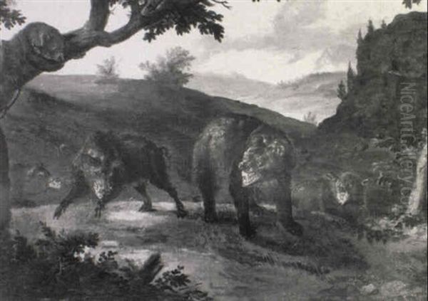 Bears With Wild Boar In A Landscape Oil Painting by Johann Elias Ridinger