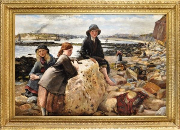 Three Young Fishergirls At Black Middens Rocks, Tynemouth Oil Painting by Matthew White Ridley