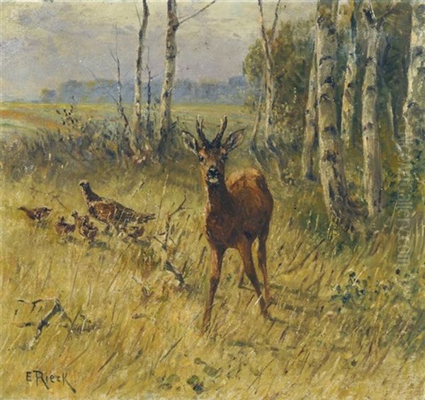 Rehbock Und Fasane Am Waldrand Oil Painting by Emil Rieck