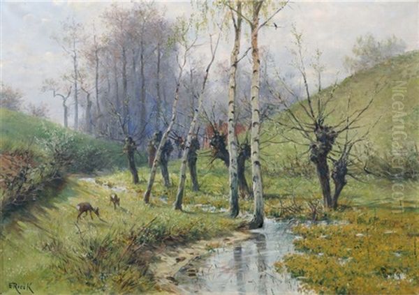 Weidenbestandener Bachlauf Mit Rehen Oil Painting by Emil Rieck