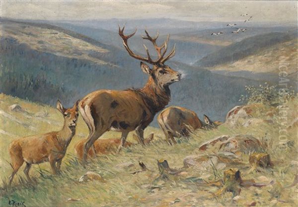 Kapitaler Hirsch Fuhrt Hirschkuh Oil Painting by Emil Rieck