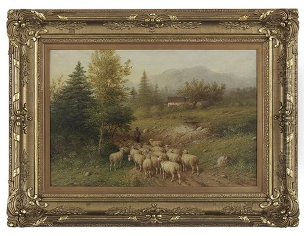 The Shepherd And His Flock Of Sheep Oil Painting by George Riecke