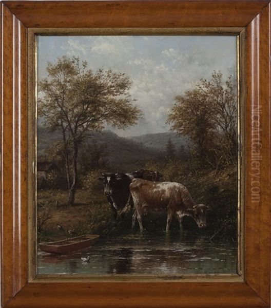 Landscape With Cows At A Stream Oil Painting by George Riecke