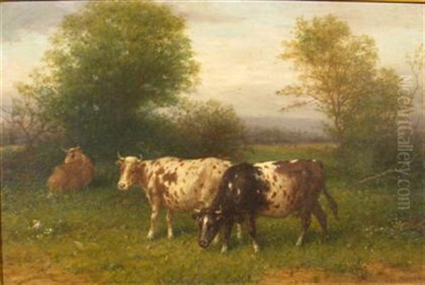 Cows Grazing Oil Painting by George Riecke