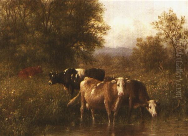 Untitled (cows By A Stream) Oil Painting by George Riecke